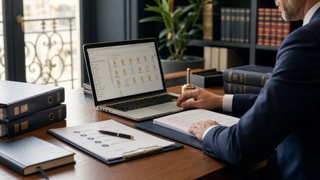 Avocat d’affaires consultant une data room de cession PME dans un bureau professionnel