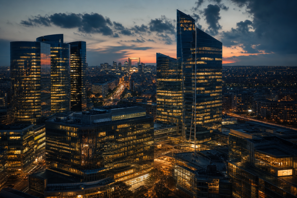 Vue aérienne d'un quartier d'affaires français illustrant les enjeux de cession acquisition PME 2025