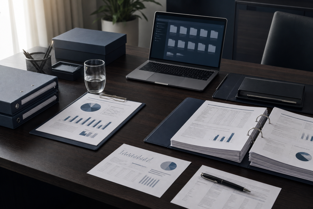 Dossier de due diligence cession PME structuré sur un bureau professionnel avec documents financiers et juridiques organisés