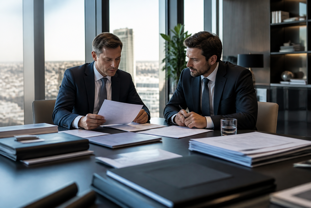 Conseillers en train de préparer un dossier de due diligence cession PME autour d'une table de conférence