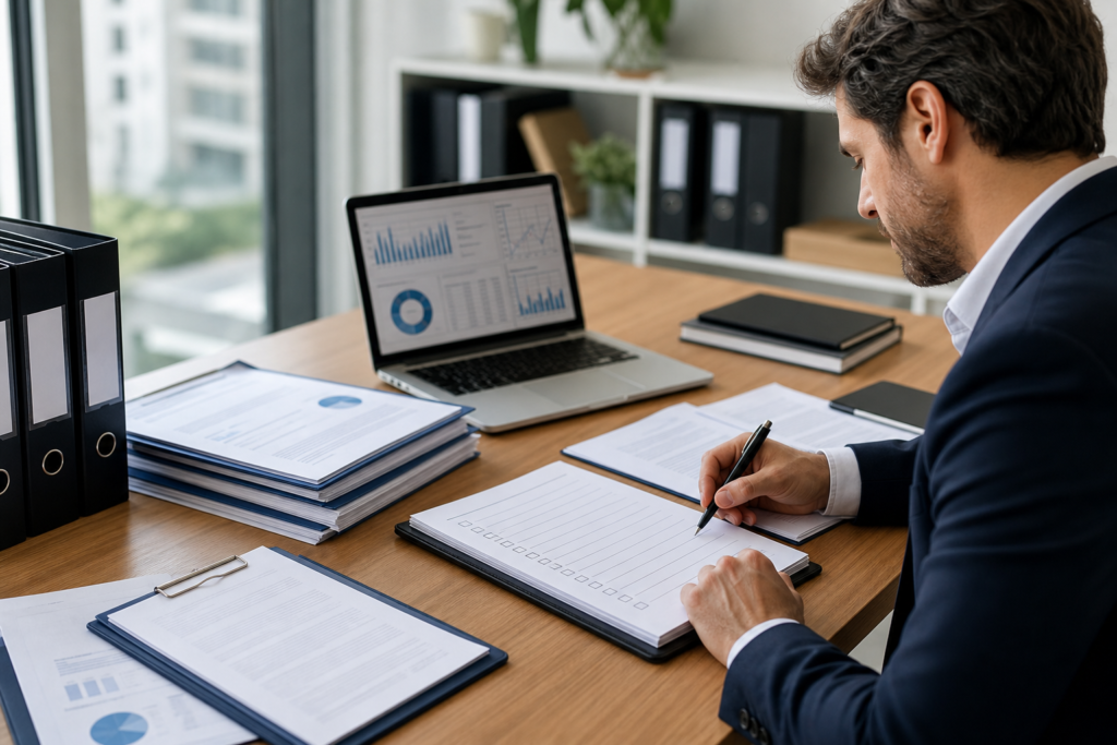 Préparation d'un dossier de due diligence cession PME sur un bureau professionnel avec documents financiers et juridiques organisés