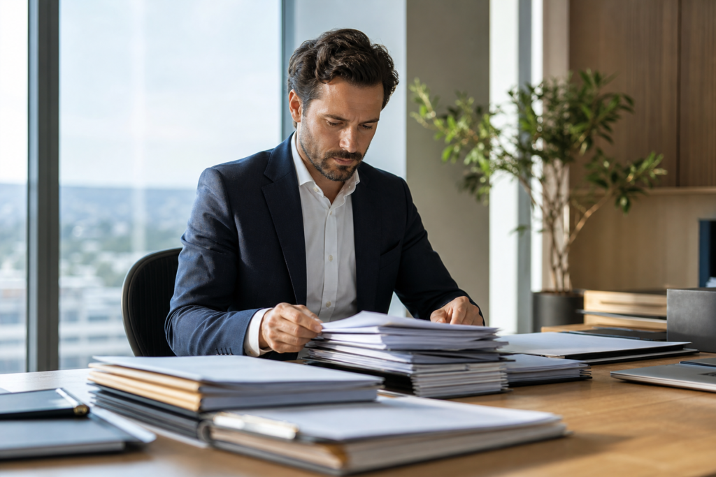 Conseil en train de préparer un dossier de due diligence cession PME sur un bureau professionnel ordonné