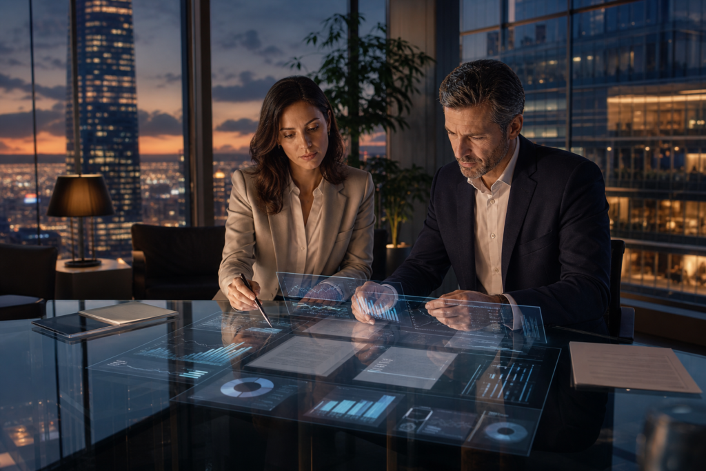 Professionnels réalisant une due diligence IA cession PME dans un contexte de build-up 2025