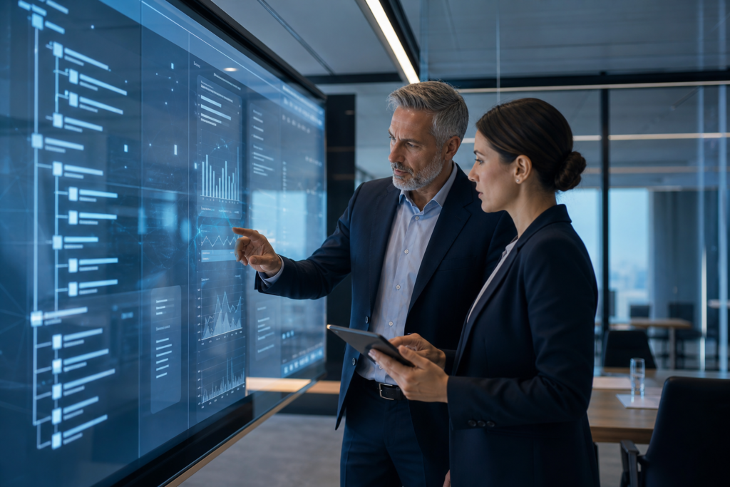 Professionnels réalisant une due diligence IA PME cession acquisition sur une interface numérique sécurisée
