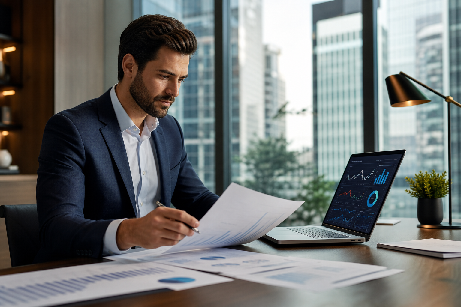 Professionnel analysant une due diligence IA PME cession acquisition sur écran et documents financiers