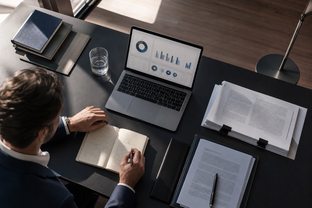 Professionnel effectuant une due diligence IA PME cession sur un poste de travail moderne avec documents juridiques et données structurées