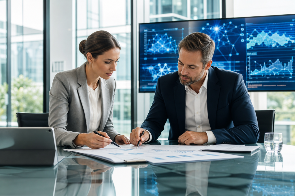 Professionnels analysant des documents financiers avec des outils de due diligence PME intelligence artificielle