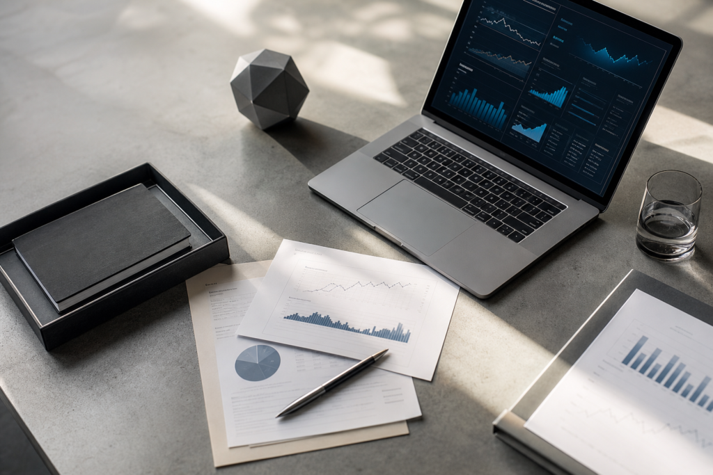 Professionnel analysant une due diligence PME intelligence artificielle sur écran avec documents financiers