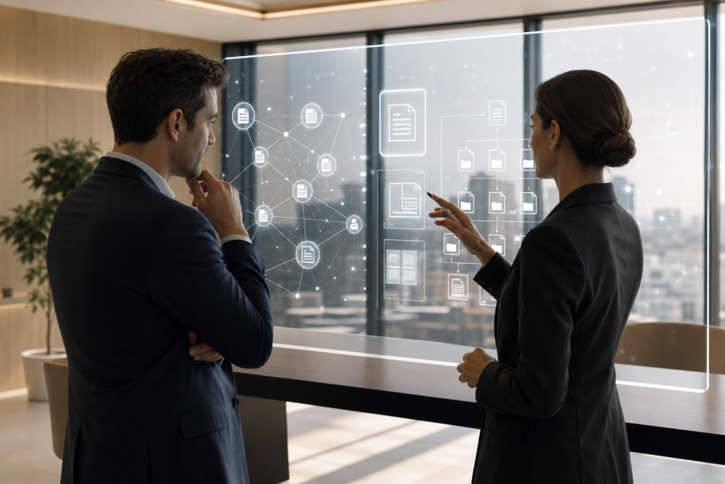 Professionnels réalisant une due diligence PME intelligence artificielle sur des documents financiers numériques